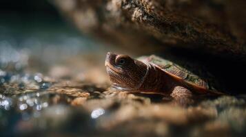 Small Freshwater Turtle Remains Hidden Below Flowing Water Stone photo