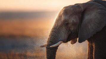Mighty Elephant Enjoys A Refreshing Water Spray In The Heat photo