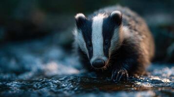 Nocturnal Badger Explores Carefully Along A Gentle Forest Stream photo