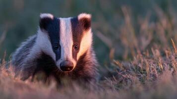 Nocturnal Badger Begins Its Evening Forage From Its Home Burrow photo