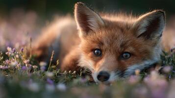 Small Fox Cub Enjoys Tumbling Around In Pretty Spring Wildflowers photo