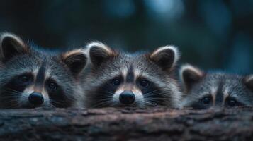 Mother raccoon leads kits from tree log shelter at sundown photo