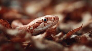 Nonvenomous Snake Camouflaged Within Dry Fallen Tree Leaves photo
