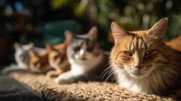 Multiple felines rest peacefully on a rug in sunny indoor spot photo