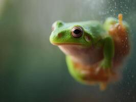 Small Vivid Frog Grips Tightly Onto Smooth Window Panel photo