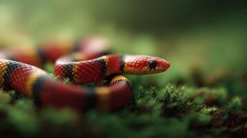 Vivid Coral Serpent Resting Curled On The Forest Floor photo