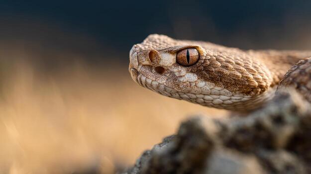 Venomous Snake Explores And Sunbathes On A Sunny Boulder photo