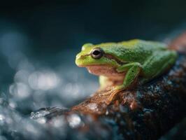 Small Vivid Frog Rests Calmly Upon Branch Above Running Stream photo