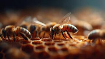 Team Of Honeybees Actively Constructing Hexagonal Honeycomb Cells photo