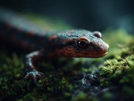 Vivid Salamander Navigates Terrain Of Mossy Boulders photo