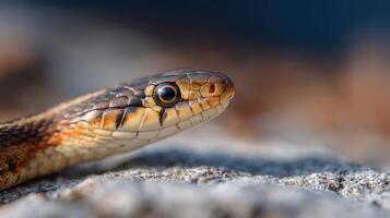 Striped Snake Explores And Sunbathes On A Flat Warm Boulder photo