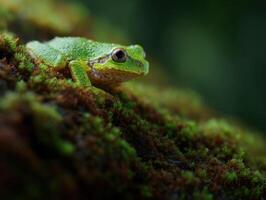Small Vivid Frog In Motion Climbing Textured Mossy Cliff photo