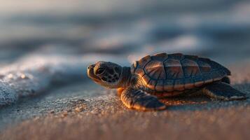 Small Reptile Turtle Navigates The Warm Sandy Coastal Area photo