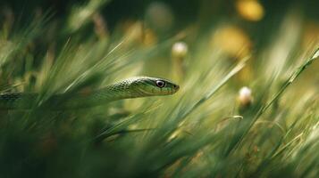 Striped Snake Weaves Its Way Through Tall Verdant Grass photo