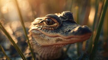 Tiny Alligator Reptile Observes From Within Wetland Grasses photo