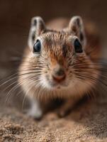 The curious eyes of a gerbil exploring its desert habitat now photo