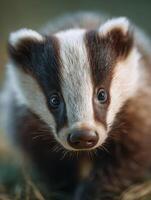 The charming striped markings on a playful young badger cub photo