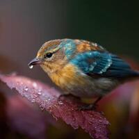 Tiny avian creature finds hydration on a wet verdant leaf photo