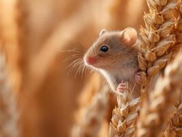 Tiny harvest mouse clings with curiosity to a ripe wheat plant photo