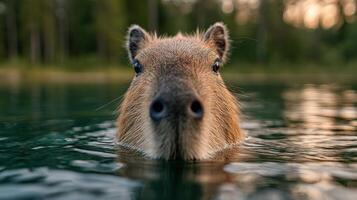The mighty capybara rests serenely in a tranquil lake setting photo