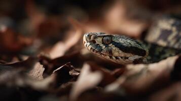 Venomous Pit Viper Camouflaged Within Parched Fallen Leaves photo