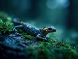 Vivid Salamander Navigates Terrain Of Moist Mossy Timber photo