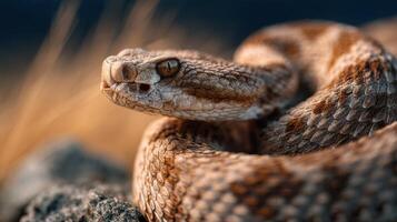 Venomous Snake Explores Its Bright Sun Kissed Rock Perch photo