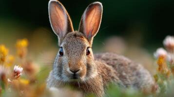 Small Furry Rabbit Shows Interest In A Pretty Field Flower photo