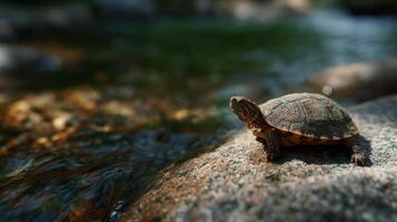 Small Reptile Turtle Warms Itself On Stone By The Stream photo