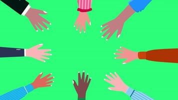 Hands of various people come together to put their hands together in front of them symbolizing help, teamwork, and cooperation. 4k animation with Green Screen background video