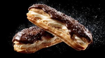 A Luxurious Chocolate Eclair Tumbling Down photo