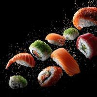 Japanese Artistry In Motion With Falling Sushi And Subtle Sparkles photo