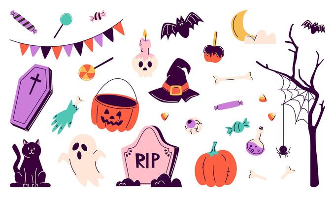Hand Drawn Spooky Halloween Element Collection.