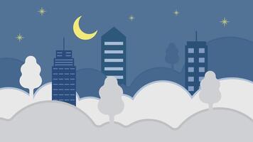 modern cityscape at cloud sky cartoon animation background . building or architecture at night view with lunar moon and star animated footage motion graphic illustration design video