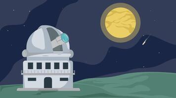 Space observatory landscaped cartoon animation background , astronomical building in nature view with full moon and meteor concept animated footage motion graphic illustration design video