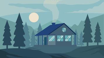 cabin or cottage at nature forest landscaped cartoon animation background . minimalist guest house at night view with trees and mountain animated footage motion graphic illustration design video