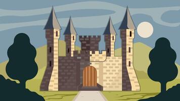 fairytale castle kingdom landscaped cartoon animation background . old medieval building stone architecture at nature animated footage motion graphic illustration design video