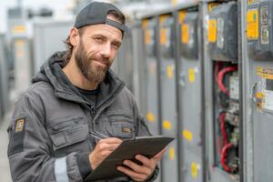 A man with a beard and a cap is standing in front of a power substation photo
