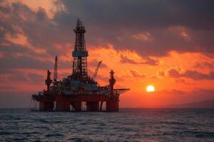An oil rig in the ocean at sunset photo
