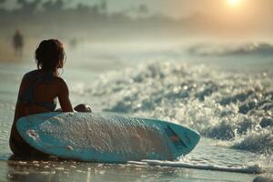 A woman sitting on the beach with a surfboard photo