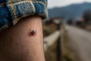 A small red spider tattoo on the arm of a man photo
