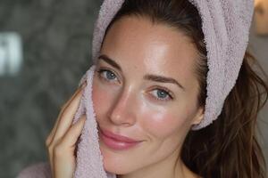 A woman is smiling while wearing a towel photo