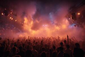 A crowd of people at a concert with smoke coming out of the ceiling photo
