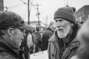 A man with a beard and hat talking to another man photo