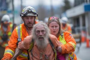 A man with a beard and a hard hat is being carried by two people photo