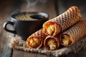 Coffee and waffles on a wooden table photo