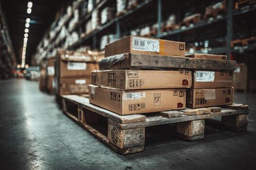A warehouse with boxes on pallets photo