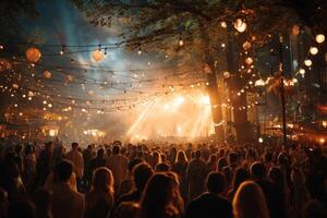 A crowd of people at a festival with string lights photo