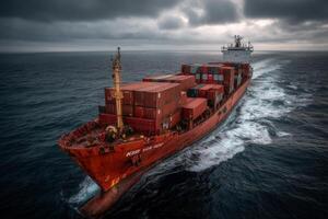 A large red cargo ship sailing in the ocean photo