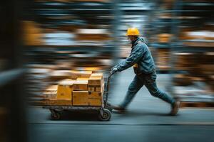A man in a hard hat is pushing a cart with boxes photo